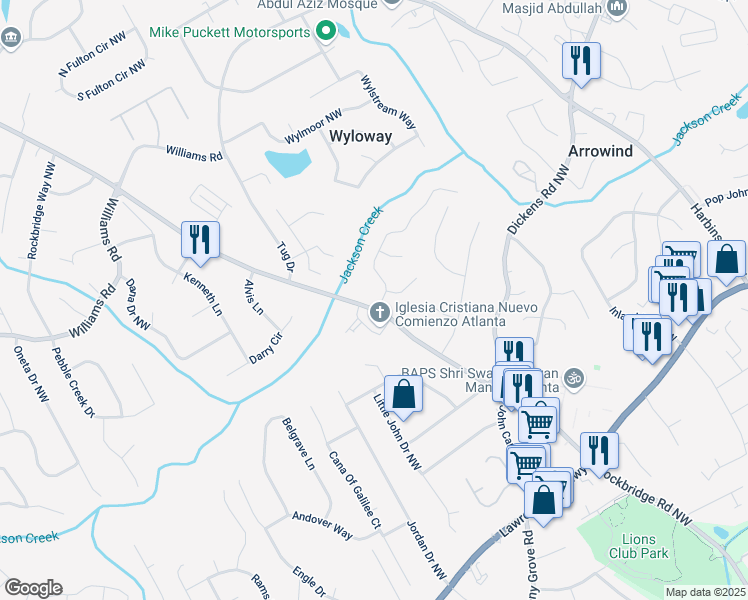 map of restaurants, bars, coffee shops, grocery stores, and more near 661 Rockbridge Road Northwest in Lilburn