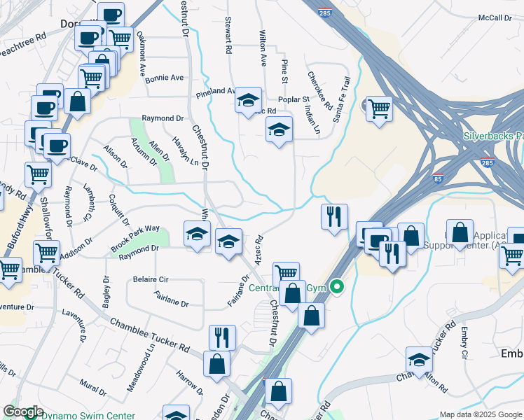 map of restaurants, bars, coffee shops, grocery stores, and more near 3374 Aztec Road in Doraville