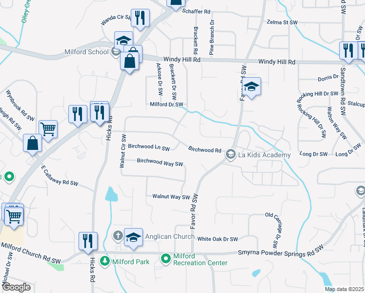 map of restaurants, bars, coffee shops, grocery stores, and more near 629 Birchwood Road in Marietta