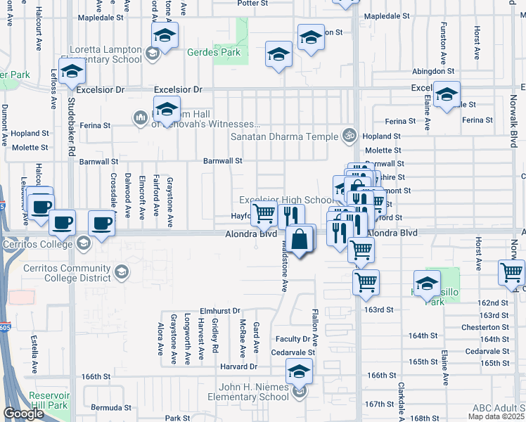 map of restaurants, bars, coffee shops, grocery stores, and more near 11509 Hayford Street in Norwalk