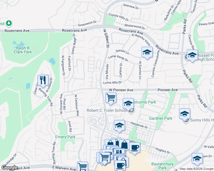 map of restaurants, bars, coffee shops, grocery stores, and more near 2288 Loma Alta Drive in Fullerton