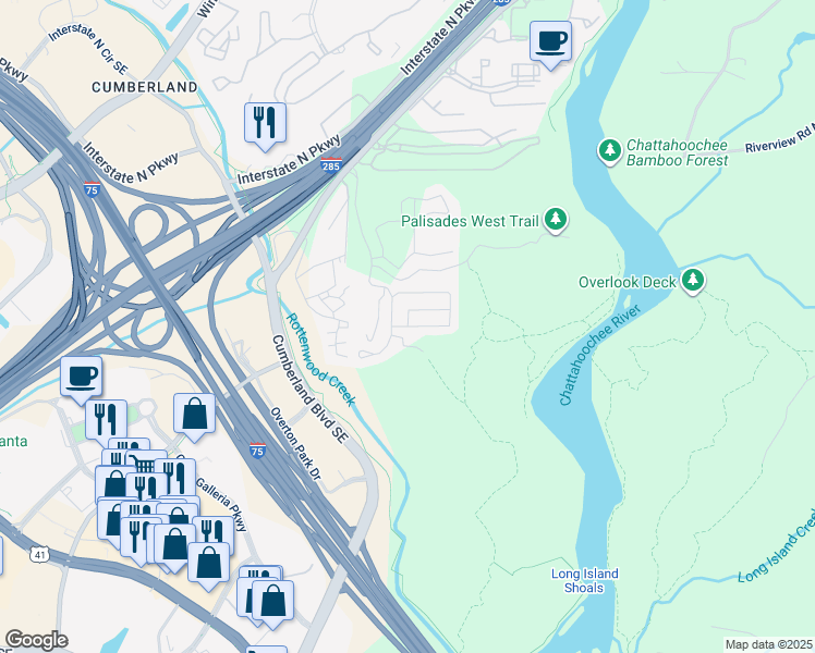 map of restaurants, bars, coffee shops, grocery stores, and more near 3829 Chattahoochee Summit Drive Southeast in Atlanta