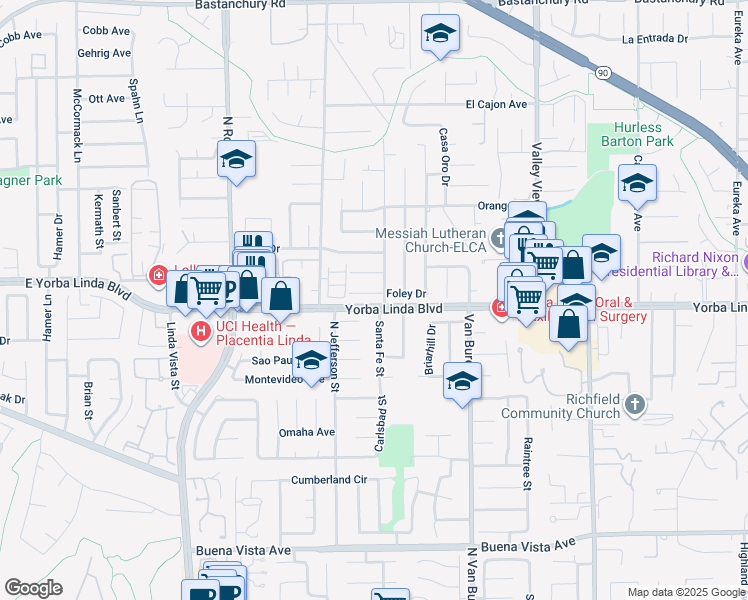 map of restaurants, bars, coffee shops, grocery stores, and more near 17122 Foley Drive in Yorba Linda