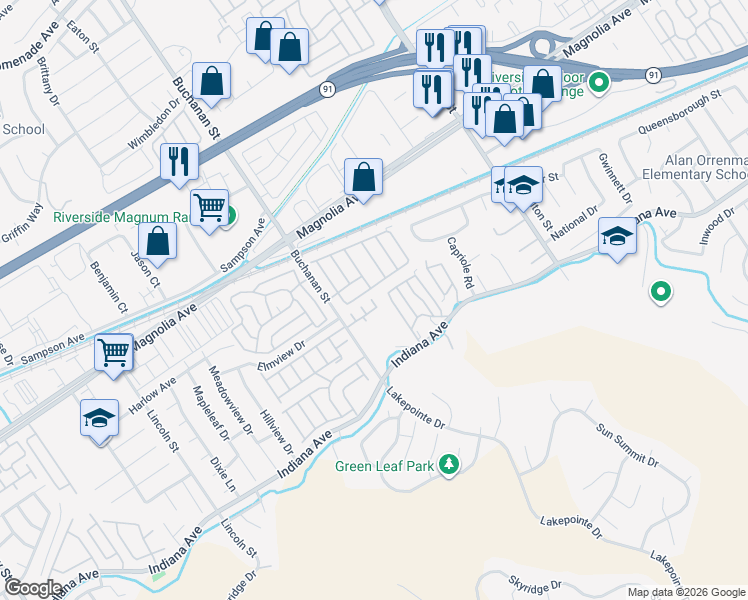 map of restaurants, bars, coffee shops, grocery stores, and more near 3558 Lahaina Court in Riverside