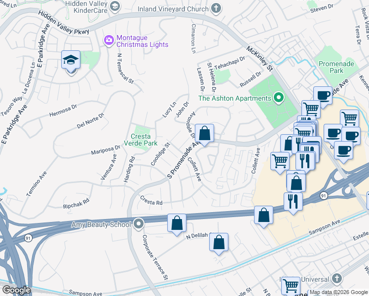 map of restaurants, bars, coffee shops, grocery stores, and more near 501 Wheeler Circle in Corona