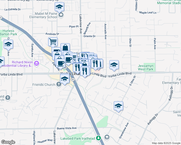 map of restaurants, bars, coffee shops, grocery stores, and more near 18548 Yorba Linda Boulevard in Yorba Linda