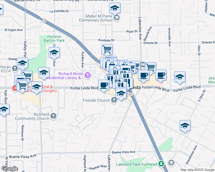 map of restaurants, bars, coffee shops, grocery stores, and more near 18200 Yorba Linda Boulevard in Yorba Linda