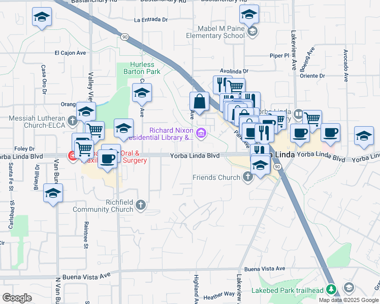 map of restaurants, bars, coffee shops, grocery stores, and more near in Yorba Linda