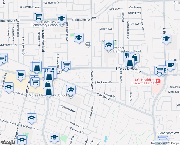 map of restaurants, bars, coffee shops, grocery stores, and more near 1424 Avenue Alvarado in Placentia
