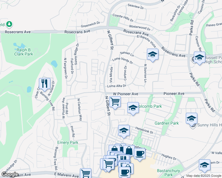 map of restaurants, bars, coffee shops, grocery stores, and more near in Fullerton