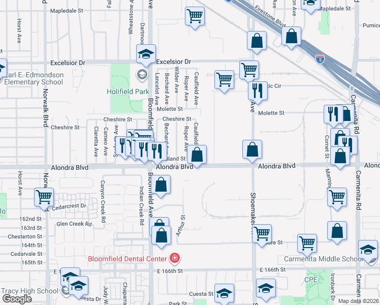 map of restaurants, bars, coffee shops, grocery stores, and more near 12738 Oland Street in Norwalk