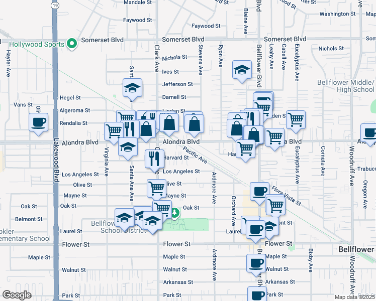 map of restaurants, bars, coffee shops, grocery stores, and more near 9522 Harvard Street in Bellflower
