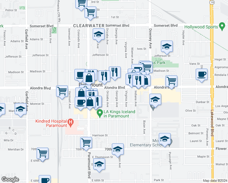 map of restaurants, bars, coffee shops, grocery stores, and more near 15937 Georgia Avenue in Paramount