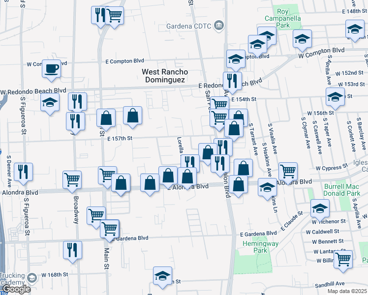 map of restaurants, bars, coffee shops, grocery stores, and more near 15814 Lorella Avenue in Gardena