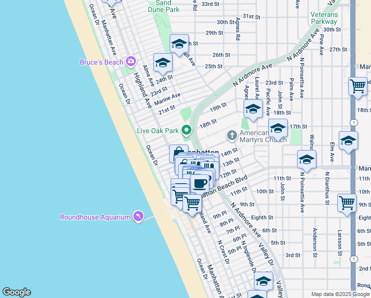 map of restaurants, bars, coffee shops, grocery stores, and more near in Manhattan Beach