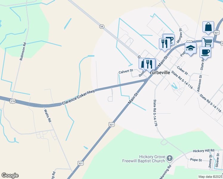 map of restaurants, bars, coffee shops, grocery stores, and more near 1394 U.S. 378 in Turbeville
