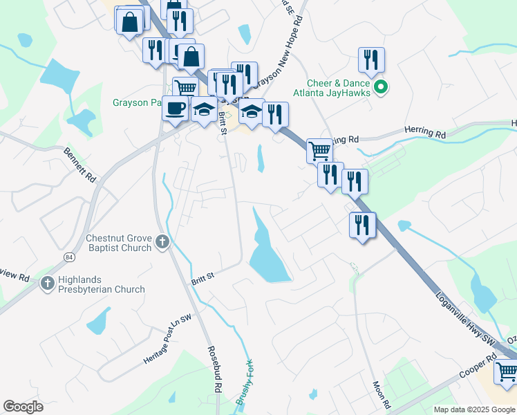 map of restaurants, bars, coffee shops, grocery stores, and more near 505 Brown Dove Lane in Grayson