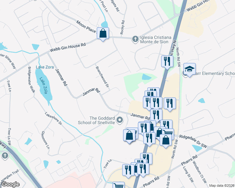 map of restaurants, bars, coffee shops, grocery stores, and more near 1884 Raintree Court in Snellville
