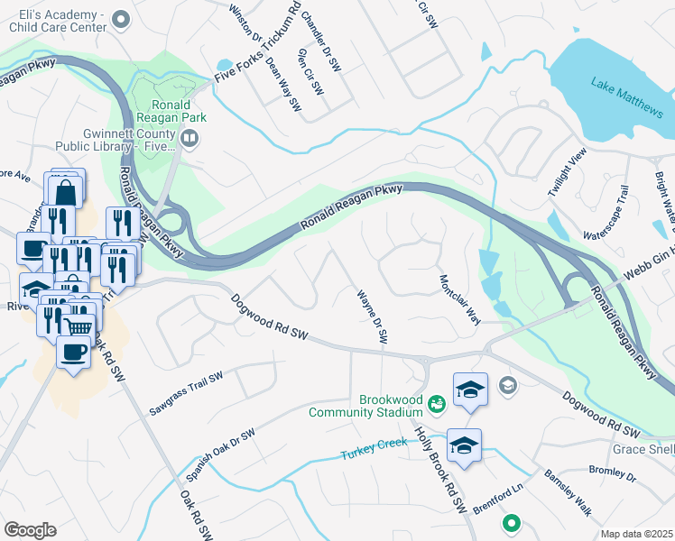 map of restaurants, bars, coffee shops, grocery stores, and more near 1007 Wayne Drive Southwest in Snellville