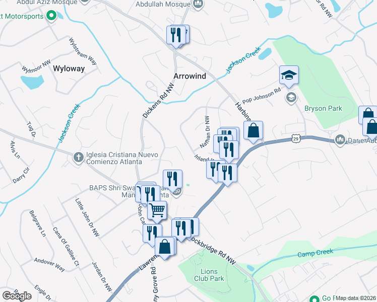 map of restaurants, bars, coffee shops, grocery stores, and more near 524 Inland Way Northwest in Lilburn
