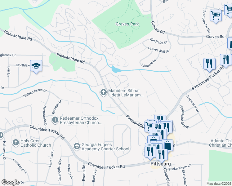 map of restaurants, bars, coffee shops, grocery stores, and more near 3915 Woodridge Way in Tucker