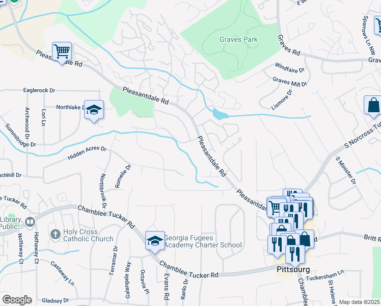 map of restaurants, bars, coffee shops, grocery stores, and more near 3434 Pleasantdale Road in Atlanta