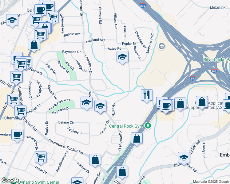map of restaurants, bars, coffee shops, grocery stores, and more near 3374 Aztec Road in Doraville