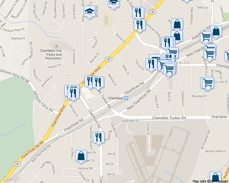map of restaurants, bars, coffee shops, grocery stores, and more near 5198 Peachtree Road in Atlanta
