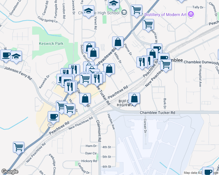 map of restaurants, bars, coffee shops, grocery stores, and more near 5198 Peachtree Road in Atlanta