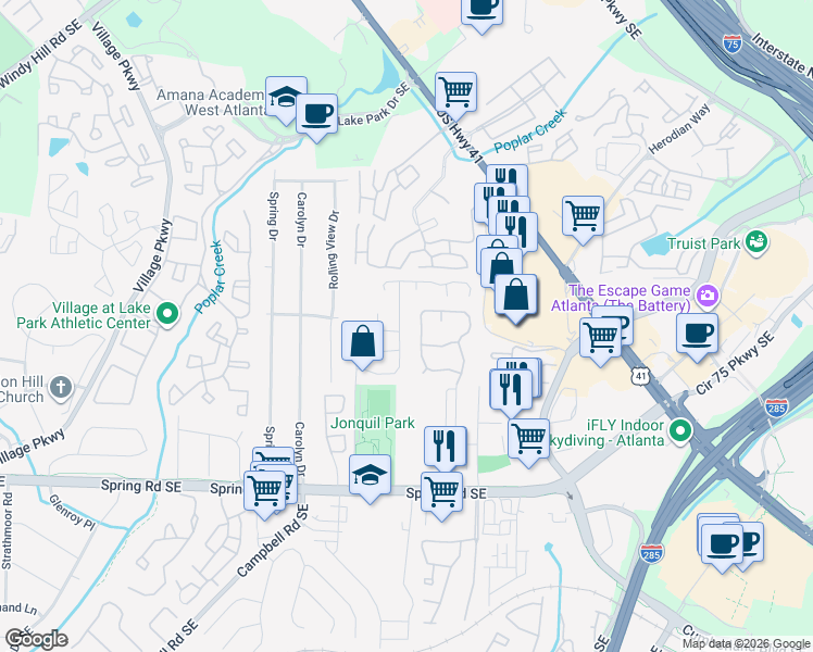 map of restaurants, bars, coffee shops, grocery stores, and more near 2028 Oakley Trace in Smyrna