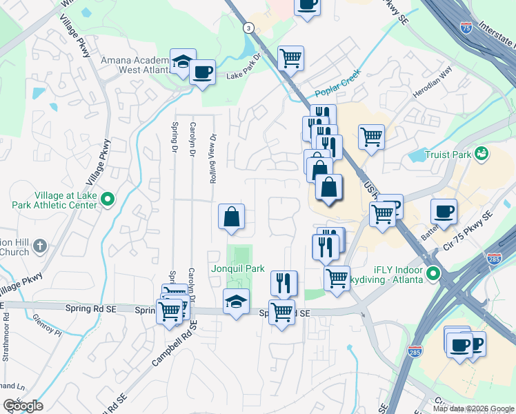 map of restaurants, bars, coffee shops, grocery stores, and more near 2028 Oakley Trace in Smyrna