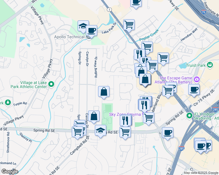 map of restaurants, bars, coffee shops, grocery stores, and more near 1269 Creekside Court in Smyrna