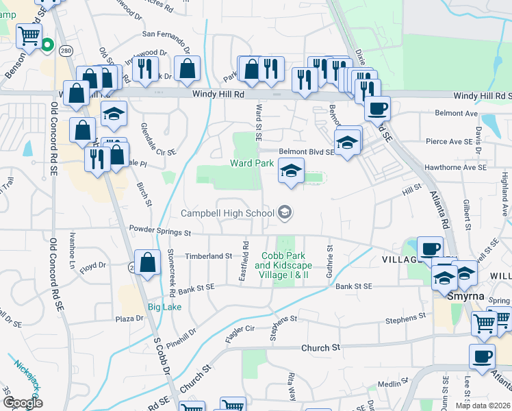 map of restaurants, bars, coffee shops, grocery stores, and more near 885 Wayland Court in Smyrna
