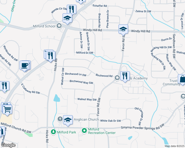 map of restaurants, bars, coffee shops, grocery stores, and more near 629 Birchwood Road in Marietta
