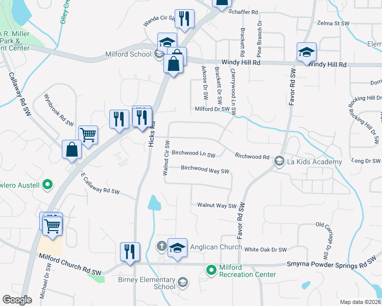 map of restaurants, bars, coffee shops, grocery stores, and more near 2771 Birchwood Way Southwest in Marietta