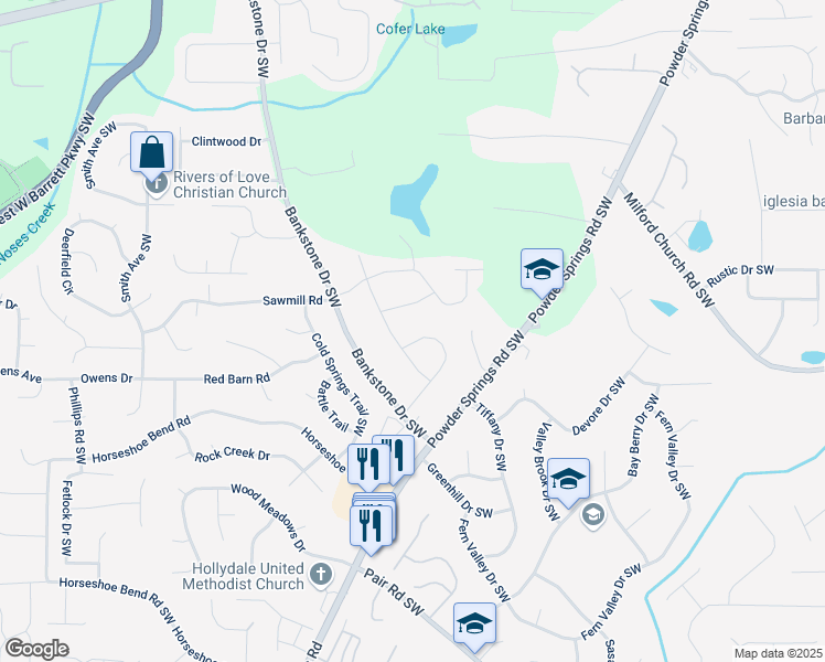 map of restaurants, bars, coffee shops, grocery stores, and more near 2653 Elkhart Circle South West in Marietta