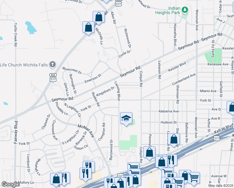 map of restaurants, bars, coffee shops, grocery stores, and more near 2600 Lansing Boulevard in Wichita Falls