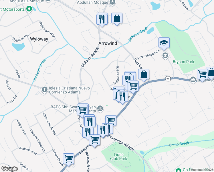 map of restaurants, bars, coffee shops, grocery stores, and more near 524 Inland Way Northwest in Lilburn
