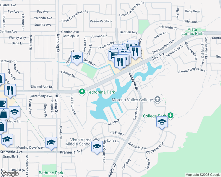 map of restaurants, bars, coffee shops, grocery stores, and more near 16088 Peninsula Court in Moreno Valley