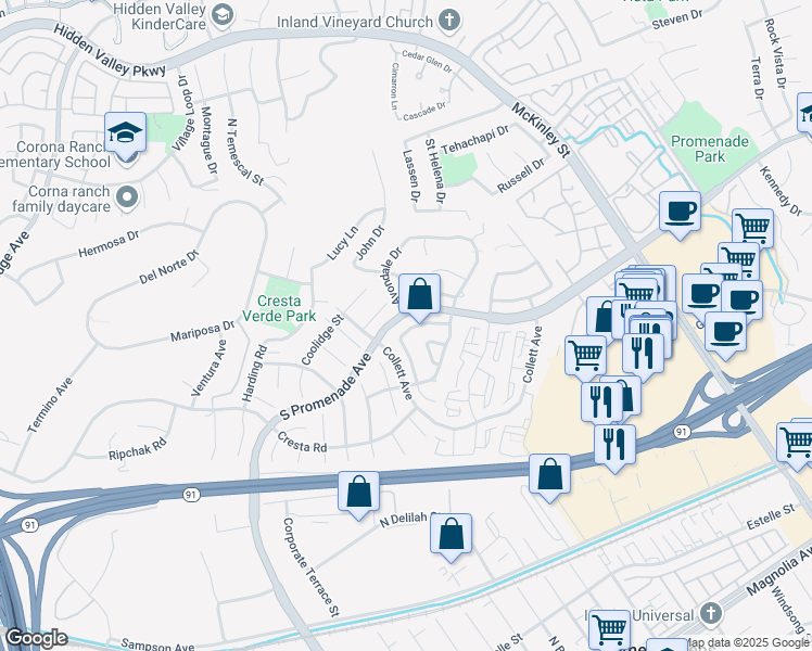 map of restaurants, bars, coffee shops, grocery stores, and more near 568 Brookhaven Drive in Corona