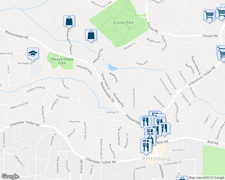 map of restaurants, bars, coffee shops, grocery stores, and more near 3915 Woodridge Way in Tucker