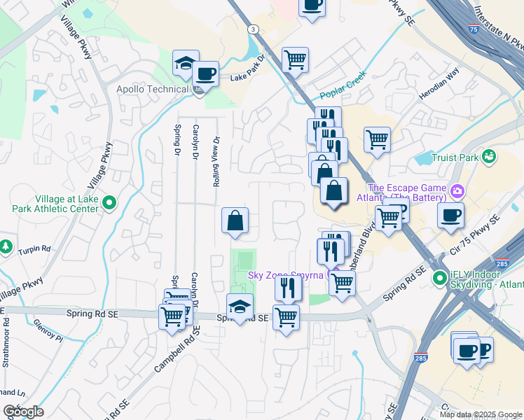 map of restaurants, bars, coffee shops, grocery stores, and more near 2028 Oakley Trace in Smyrna
