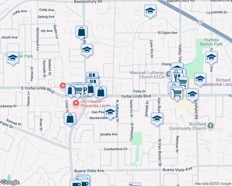 map of restaurants, bars, coffee shops, grocery stores, and more near 17016 Independence Way in Yorba Linda