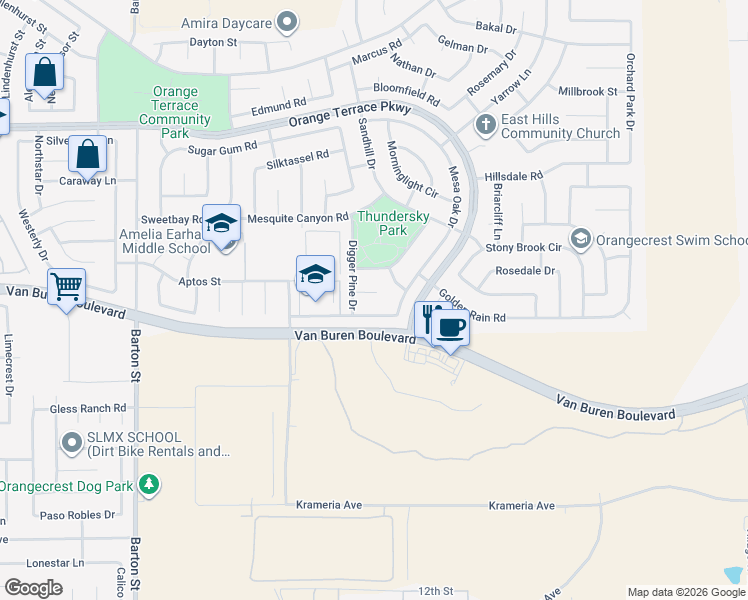 map of restaurants, bars, coffee shops, grocery stores, and more near 20545 Red Poppy Lane in Riverside
