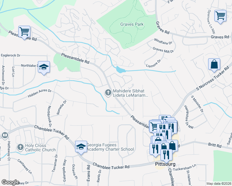 map of restaurants, bars, coffee shops, grocery stores, and more near 3324 Pleasant Shade Court in Doraville