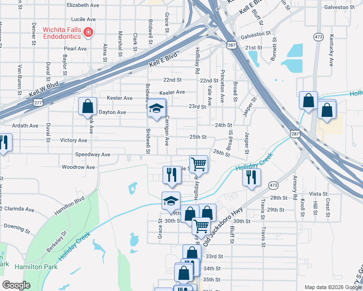 map of restaurants, bars, coffee shops, grocery stores, and more near 1517 Speedway Avenue in Wichita Falls