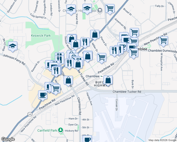 map of restaurants, bars, coffee shops, grocery stores, and more near 5200 Peachtree Road in Chamblee