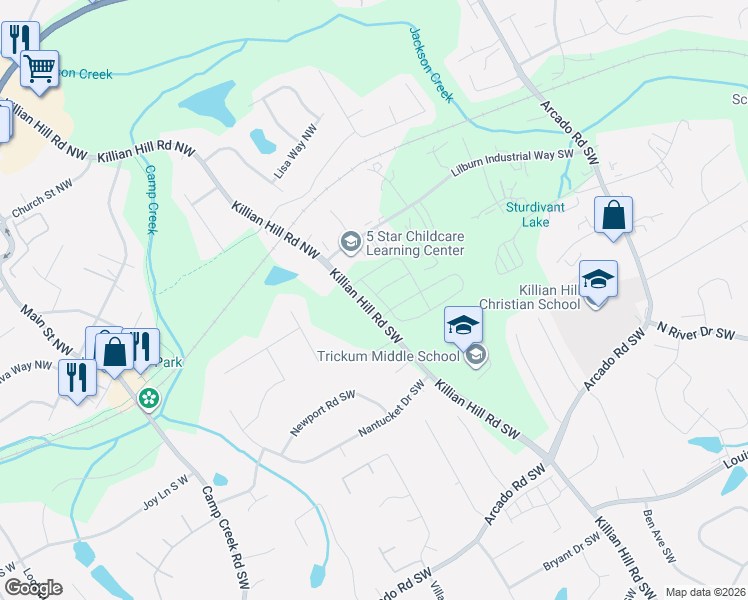 map of restaurants, bars, coffee shops, grocery stores, and more near 46 Killian Hill Road Southwest in Lilburn