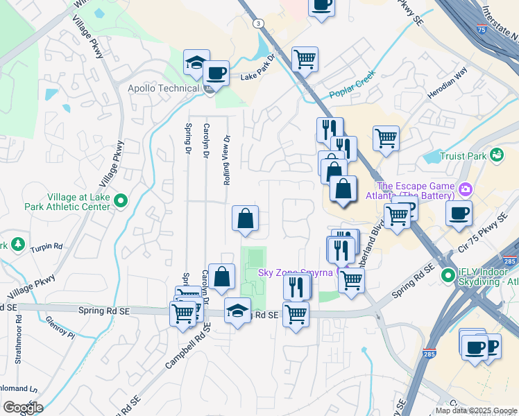 map of restaurants, bars, coffee shops, grocery stores, and more near 1269 Creekside Court in Smyrna