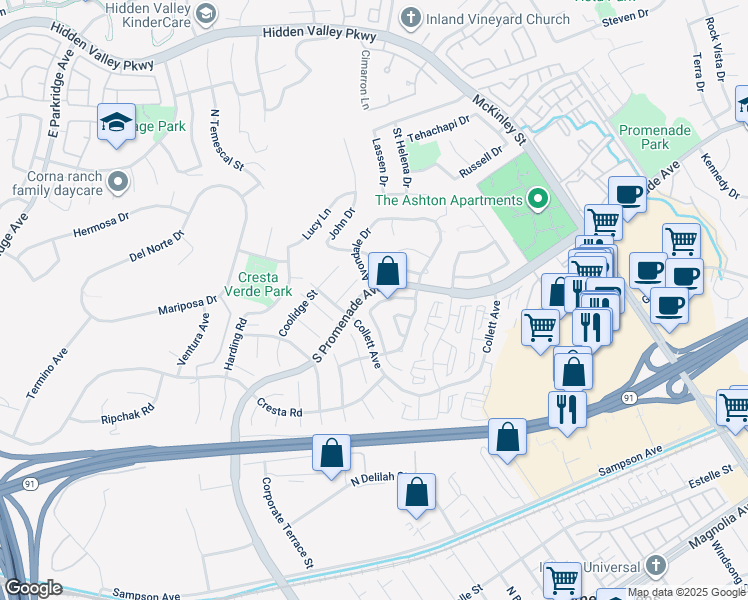 map of restaurants, bars, coffee shops, grocery stores, and more near 568 Brookhaven Drive in Corona